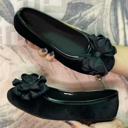 بابت پاپیونی زنانه دخترانه کفش پاپوش ونس مجلسی مشکی جیر مخمل سوییت سوئیت شیک ساتن روفرشی رو فرشی نگینی نگیندار نگین دار